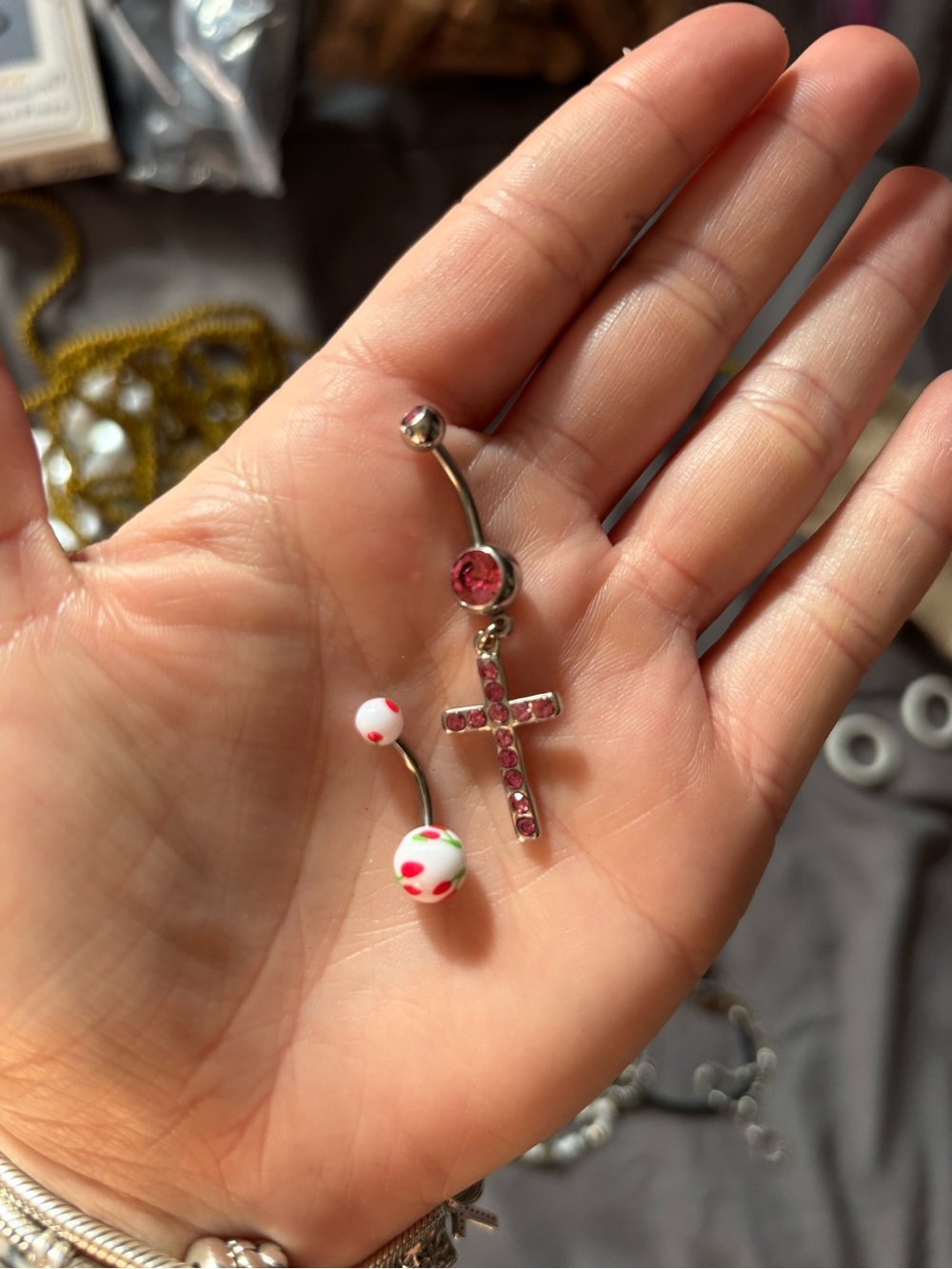 Pink Gem Cross Belly Ring with Floral Barbell